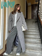 Lunivop Elegant Grey Women’s Long Blends Woolen Coat Chic Loose Lapel Double Breasted Oversized