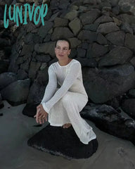 Lunivop Elegant Hollow Out Knit Maxi Dress For Women Summer Beachwear Holiday Long Sleeve Cover-Ups