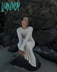 Lunivop Elegant Hollow Out Knit Maxi Dress For Women Summer Beachwear Holiday Long Sleeve Cover-Ups