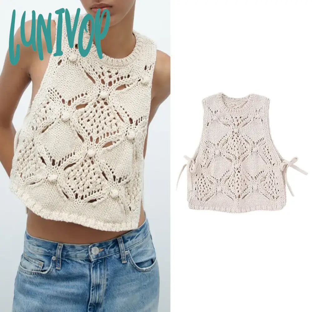 Lunivop Elegant Hook Flower Hollowed Out Women Knitted Vest Loose Ball Decoration Sweater Top
