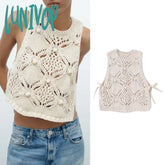 Lunivop Elegant Hook Flower Hollowed Out Women Knitted Vest Loose Ball Decoration Sweater Top