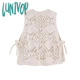 Lunivop Elegant Hook Flower Hollowed Out Women Knitted Vest Loose Ball Decoration Sweater Top