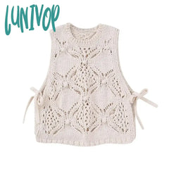 Lunivop Elegant Hook Flower Hollowed Out Women Knitted Vest Loose Ball Decoration Sweater Top