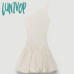 Lunivop Elegant Knit Dress Women Sleeveless Off Shoulder Splice Folds Mini Dresses Ladies Hoilday