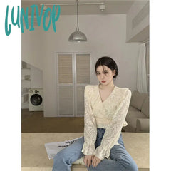 Lunivop Elegant Lace Cropped Blouses Women Vintage Bandage Long Sleeve Shirts Korean Designer