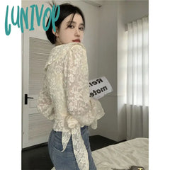 Lunivop Elegant Lace Cropped Blouses Women Vintage Bandage Long Sleeve Shirts Korean Designer