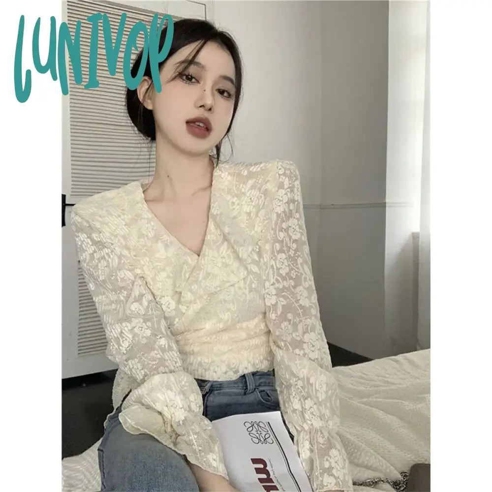 Lunivop Elegant Lace Cropped Blouses Women Vintage Bandage Long Sleeve Shirts Korean Designer
