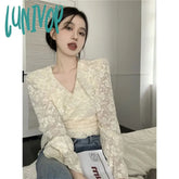 Lunivop Elegant Lace Cropped Blouses Women Vintage Bandage Long Sleeve Shirts Korean Designer