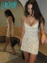 Lunivop Elegant Lace Sheer Slip Mini Dress Bodycon Outfits Women Sleeveless Club Party White Hollow
