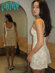 Lunivop Elegant Lace Sheer Slip Mini Dress Bodycon Outfits Women Sleeveless Club Party White Hollow