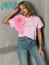 Lunivop Elegant Lady 3D Pleated Flower Solid T Shirt Fashion Round Neck Short Sleeves Tops 2024