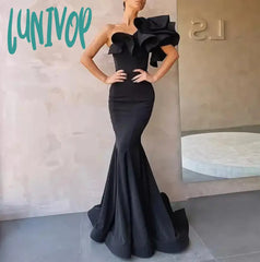 Lunivop Elegant Mermaid Black Long Prom Dresses For Women Luxury Satin One-Shoulder Simply Formal