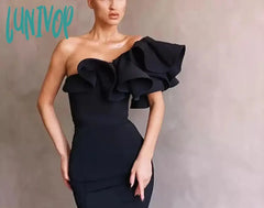 Lunivop Elegant Mermaid Black Long Prom Dresses For Women Luxury Satin One-Shoulder Simply Formal