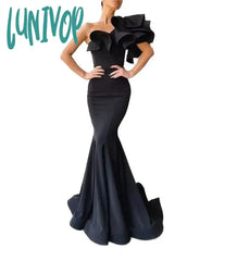 Lunivop Elegant Mermaid Black Long Prom Dresses For Women Luxury Satin One-Shoulder Simply Formal