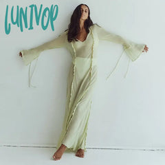 Lunivop Elegant Mesh Transparent Maxi Dress Outfits For Women Summer Beach Holiday Flare Sleeve