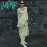 Lunivop Elegant Mesh Transparent Maxi Dress Outfits For Women Summer Beach Holiday Flare Sleeve