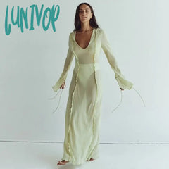 Lunivop Elegant Mesh Transparent Maxi Dress Outfits For Women Summer Beach Holiday Flare Sleeve