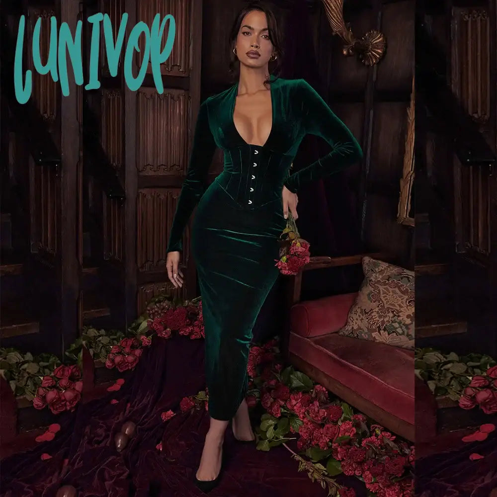 Lunivop Elegant Midi Velvet Prom Dress Vintage Long Sleeve Bodycon Evening Party Dresses Sexy Women