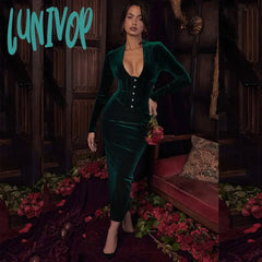 Lunivop Elegant Midi Velvet Prom Dress Vintage Long Sleeve Bodycon Evening Party Dresses Sexy Women