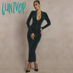 Lunivop Elegant Midi Velvet Prom Dress Vintage Long Sleeve Bodycon Evening Party Dresses Sexy Women