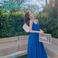Lunivop Elegant Muslin Dress For Women Summer Sexy Spaghetti Strap Sleeveless Blue Casual Beach