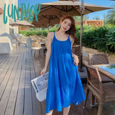 Lunivop Elegant Muslin Dress For Women Summer Sexy Spaghetti Strap Sleeveless Blue Casual Beach