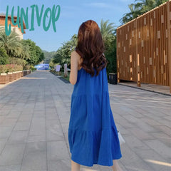 Lunivop Elegant Muslin Dress For Women Summer Sexy Spaghetti Strap Sleeveless Blue Casual Beach