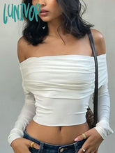 Lunivop Elegant Off Shoulder Crop T Shirts Women Sexy Slim Coquette Tops 2024 New Casual Y2K White