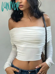 Lunivop Elegant Off Shoulder Crop T Shirts Women Sexy Slim Coquette Tops 2024 New Casual Y2K White