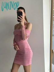 Lunivop Elegant Off The Shoulder Mesh Dress Sexy Halter Boning Bodycon Birthday Party Dresses Pink