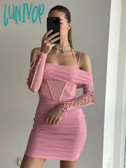 Lunivop Elegant Off The Shoulder Mesh Dress Sexy Halter Boning Bodycon Birthday Party Dresses Pink