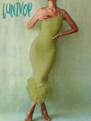 Lunivop Elegant One Shoulder Fur Bottom Midi Dress For Women Robe Summer New Sleeveless Bodycon