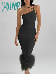 Lunivop Elegant One Shoulder Fur Bottom Midi Dress For Women Robe Summer New Sleeveless Bodycon
