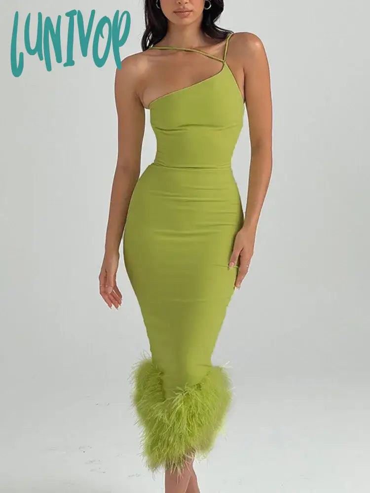 Lunivop Elegant One Shoulder Fur Bottom Midi Dress For Women Robe Summer New Sleeveless Bodycon