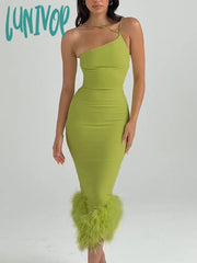Lunivop Elegant One Shoulder Fur Bottom Midi Dress For Women Robe Summer New Sleeveless Bodycon