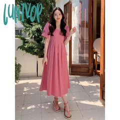Lunivop Elegant Pink Dress Summer Fashion Square Collar Puff Sleeve Ruffle Female Dresses Korea