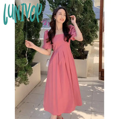 Lunivop Elegant Pink Dress Summer Fashion Square Collar Puff Sleeve Ruffle Female Dresses Korea