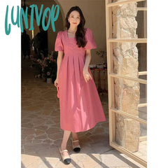 Lunivop Elegant Pink Dress Summer Fashion Square Collar Puff Sleeve Ruffle Female Dresses Korea