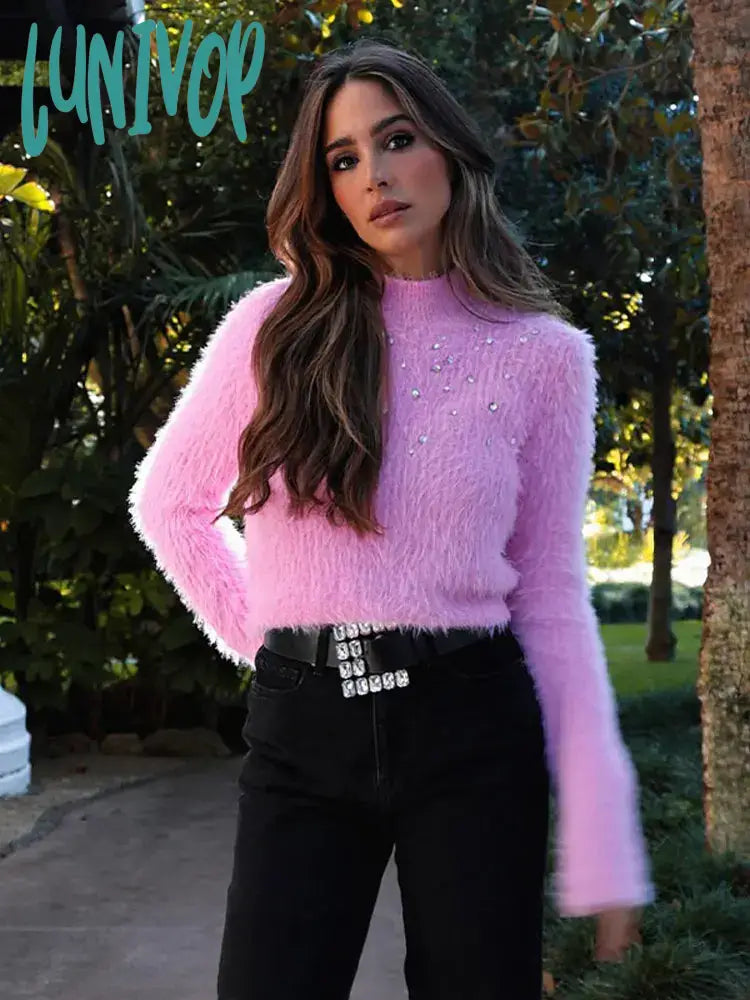 Lunivop Elegant Pink Mohair Knit Diamond Jumper For Women Long Sleeve Mock Neck Soft Warm Sweet