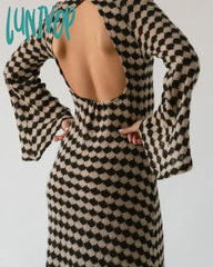 Lunivop Elegant Plaid Knitted Maxi Dress Outfits For Women Chic Sexy Club Backless Flare Sleeve