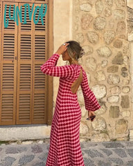 Lunivop Elegant Plaid Knitted Maxi Dress Outfits For Women Chic Sexy Club Backless Flare Sleeve
