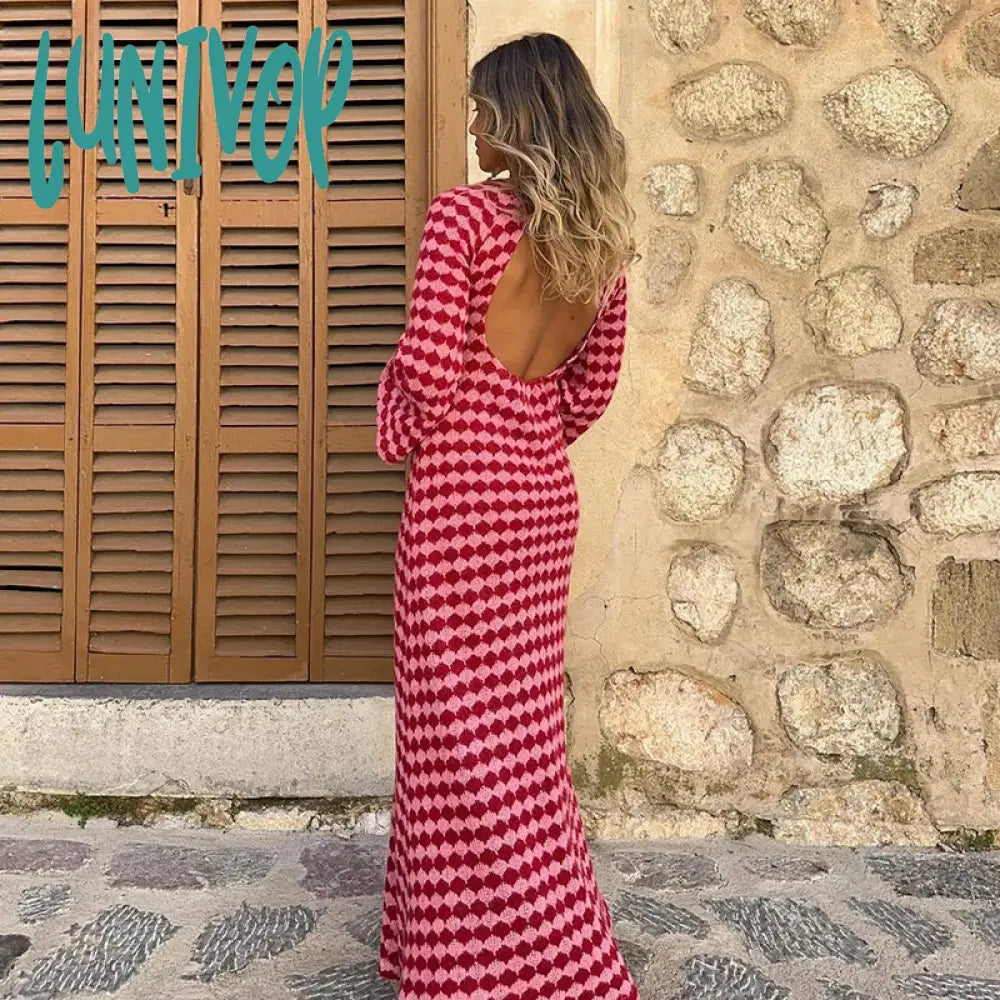 Lunivop Elegant Plaid Knitted Maxi Dress Outfits For Women Chic Sexy Club Backless Flare Sleeve