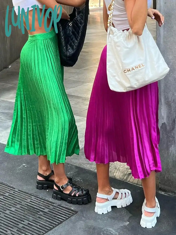 Lunivop Elegant Pleated Skirts Women Autumn High Waisted Stright Long Femme Streetwear Black