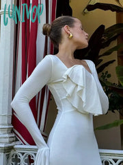 Lunivop Elegant Plunge Ruffled Twist Long Dress For Women Party Club Outfits Sleeve Sexy Slim