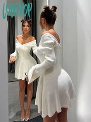 Lunivop Elegant Ribbed Knit A-Line Mini Dress Fashion Club Outfits For Women Jersey V Neck Sweater