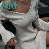 Lunivop Elegant Ribbed Knit A-Line Mini Dress Fashion Club Outfits For Women Jersey V Neck Sweater