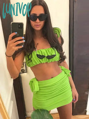 Lunivop Elegant Ruched Crop Top And Skirt 2 Piece Set Outfits For Women Co-Ord Sets Sexy Matching