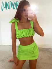Lunivop Elegant Ruched Crop Top And Skirt 2 Piece Set Outfits For Women Co-Ord Sets Sexy Matching