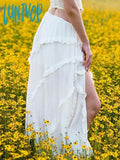 Lunivop Elegant Ruffle White Slit Skirt Y2K Fairycore Tie Up Low Rise Loose Long Skirts For Women