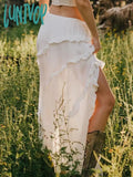 Lunivop Elegant Ruffle White Slit Skirt Y2K Fairycore Tie Up Low Rise Loose Long Skirts For Women